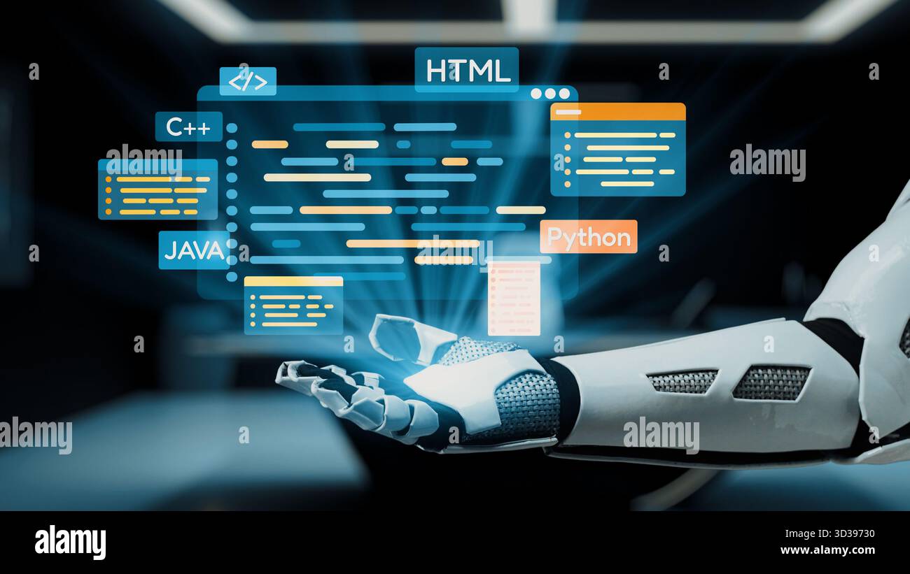 Una mano robotica futuristica presenta linee vibranti di codice provenienti da vari linguaggi di programmazione, illustrando l'intersezione tra tecnologia e digitale Foto Stock