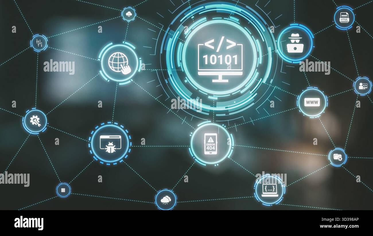 Sviluppo di software con sovrapposizioni di codifica, linguaggi di programmazione, strumenti per sviluppatori, creazione di app mobili e programmazione avanzata per prodotti digitali Foto Stock