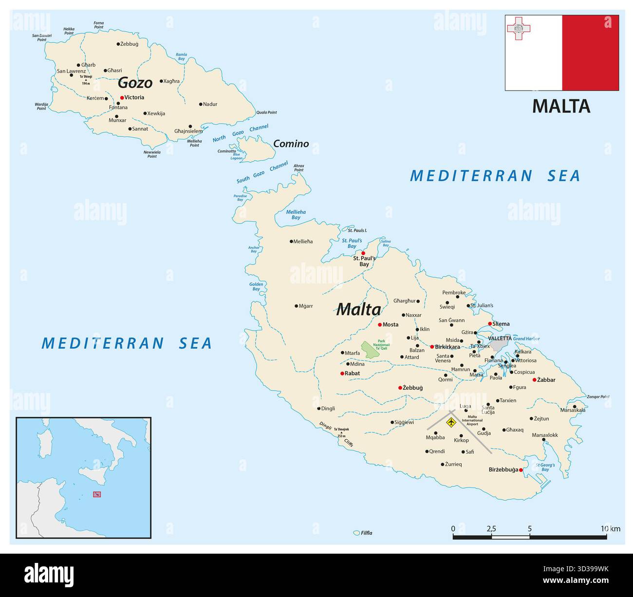 Mappa dello stato mediterraneo dell'Europa meridionale di Malta Foto Stock