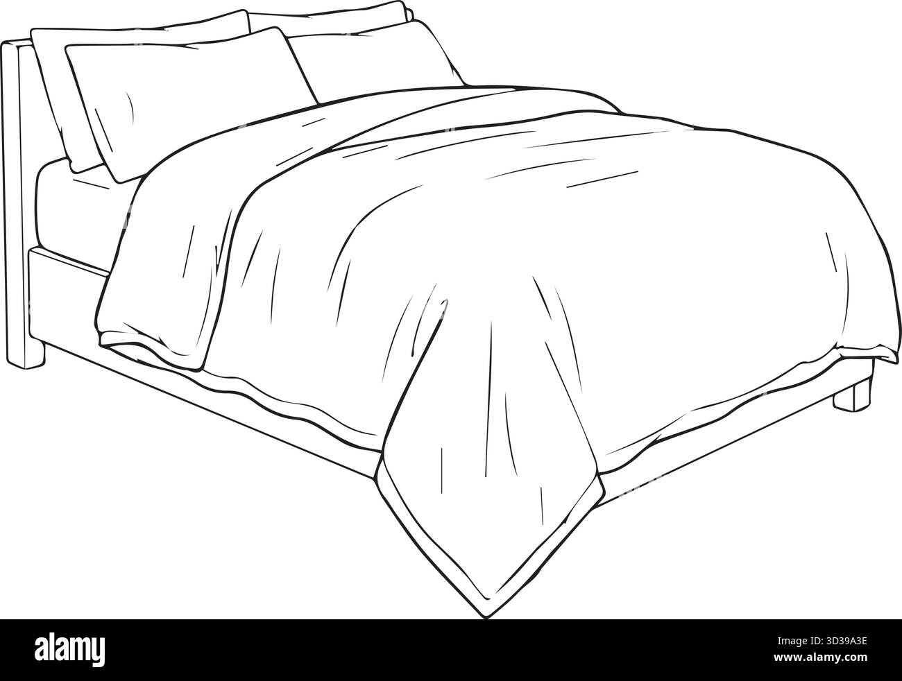 Disegno in linea semplice di un letto moderno con cuscini e coperta per il decor della camera da letto Illustrazione Vettoriale