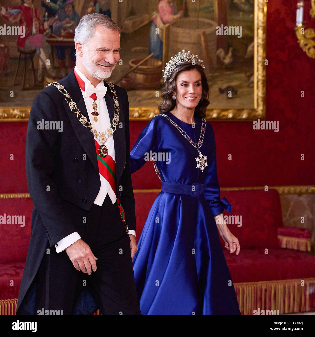 Re Felipe vi di Spagna, regina Letizia di Spagna durante la cena di gala al Palazzo reale, a Madrid, a causa del viaggio ufficiale del sultano dell'Oman a Spai Foto Stock