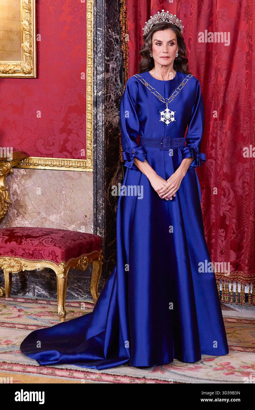 Re Felipe vi di Spagna, regina Letizia di Spagna durante la cena di gala al Palazzo reale, a Madrid, a causa del viaggio ufficiale del sultano dell'Oman a Spai Foto Stock