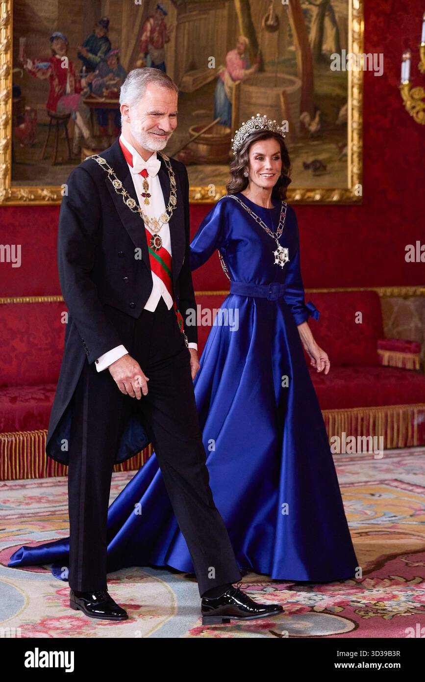 Re Felipe vi di Spagna, regina Letizia di Spagna durante la cena di gala al Palazzo reale, a Madrid, a causa del viaggio ufficiale del sultano dell'Oman a Spai Foto Stock