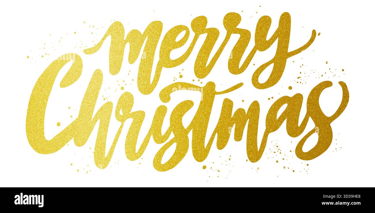 Illustrazione: Testo glitterato di auguri d'oro natalizio isolato su bianco Foto Stock