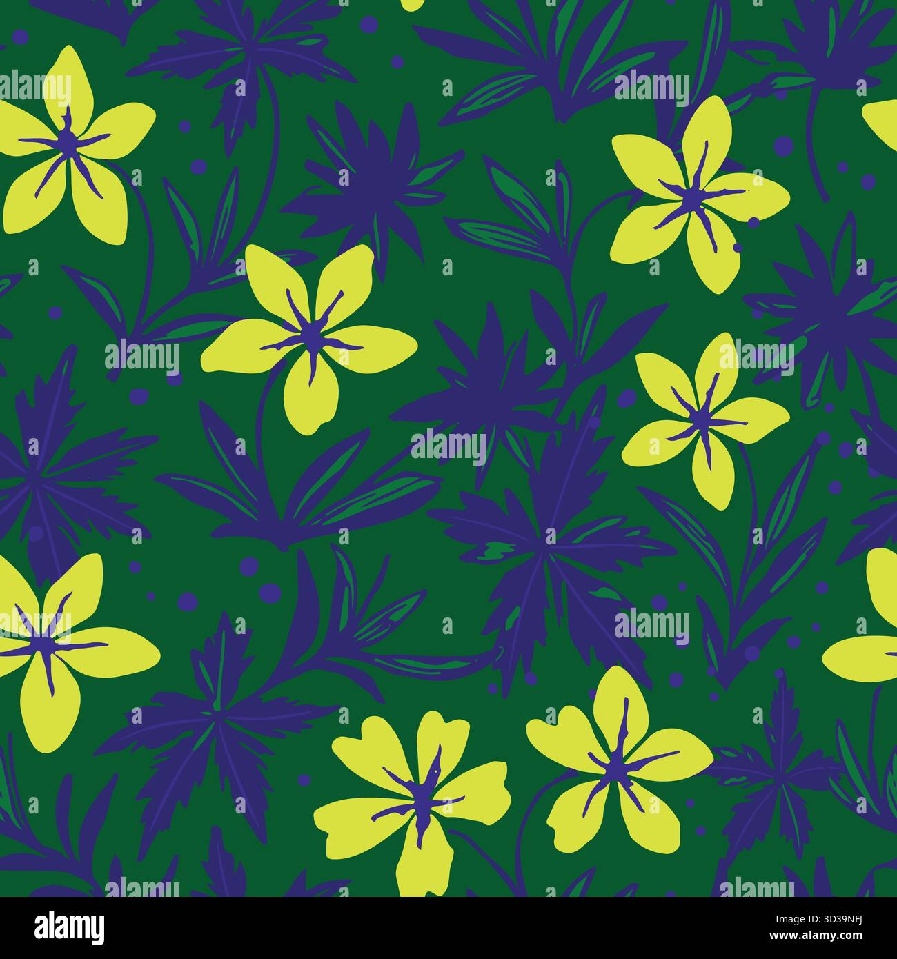 Audace ed energica fantasia floreale tropicale senza cuciture. Presenta luminosi fiori giallo-verdi al neon e foglie grafiche su uno sfondo verde brillante. Illustrazione Vettoriale