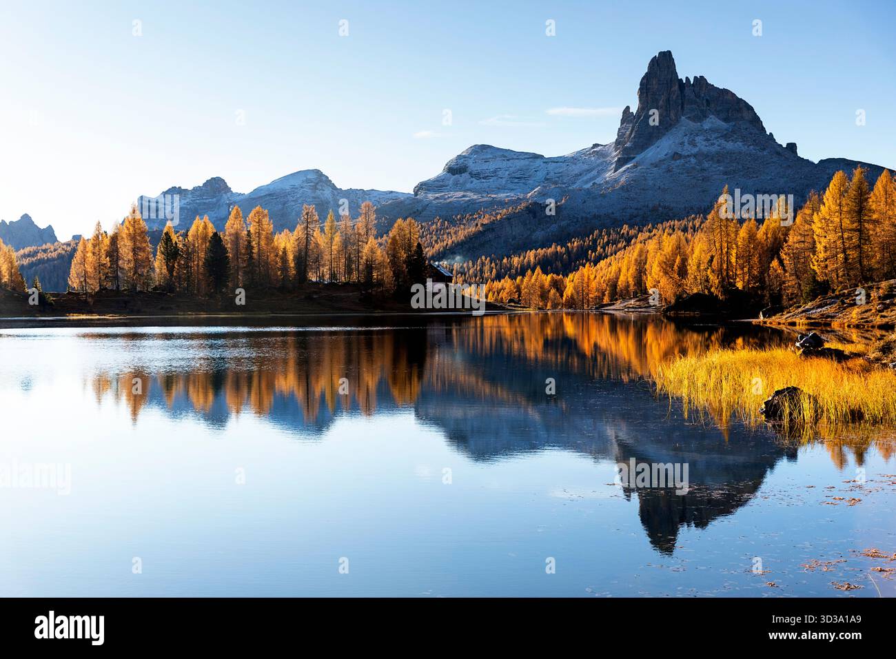 Lago e rifugio Croda da lago, Cortina d'Ampezzo sulle Dolomiti, Italia, i migliori colori autunnali, larici dorati e fogliame autunnale Foto Stock
