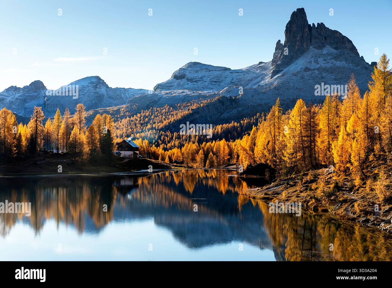 Lago e rifugio Croda da lago, Cortina d'Ampezzo sulle Dolomiti, Italia, i migliori colori autunnali, larici dorati e fogliame autunnale Foto Stock