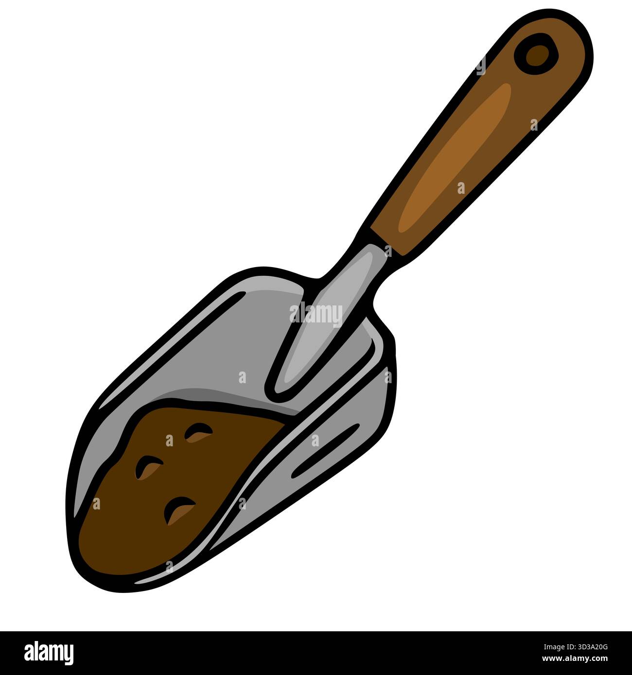 Illustrazione vettoriale disegnata a mano di una cazzuola da giardino piena di terreno, con un manico in legno e una paletta metallica, isolata su sfondo bianco. Illustrazione Vettoriale