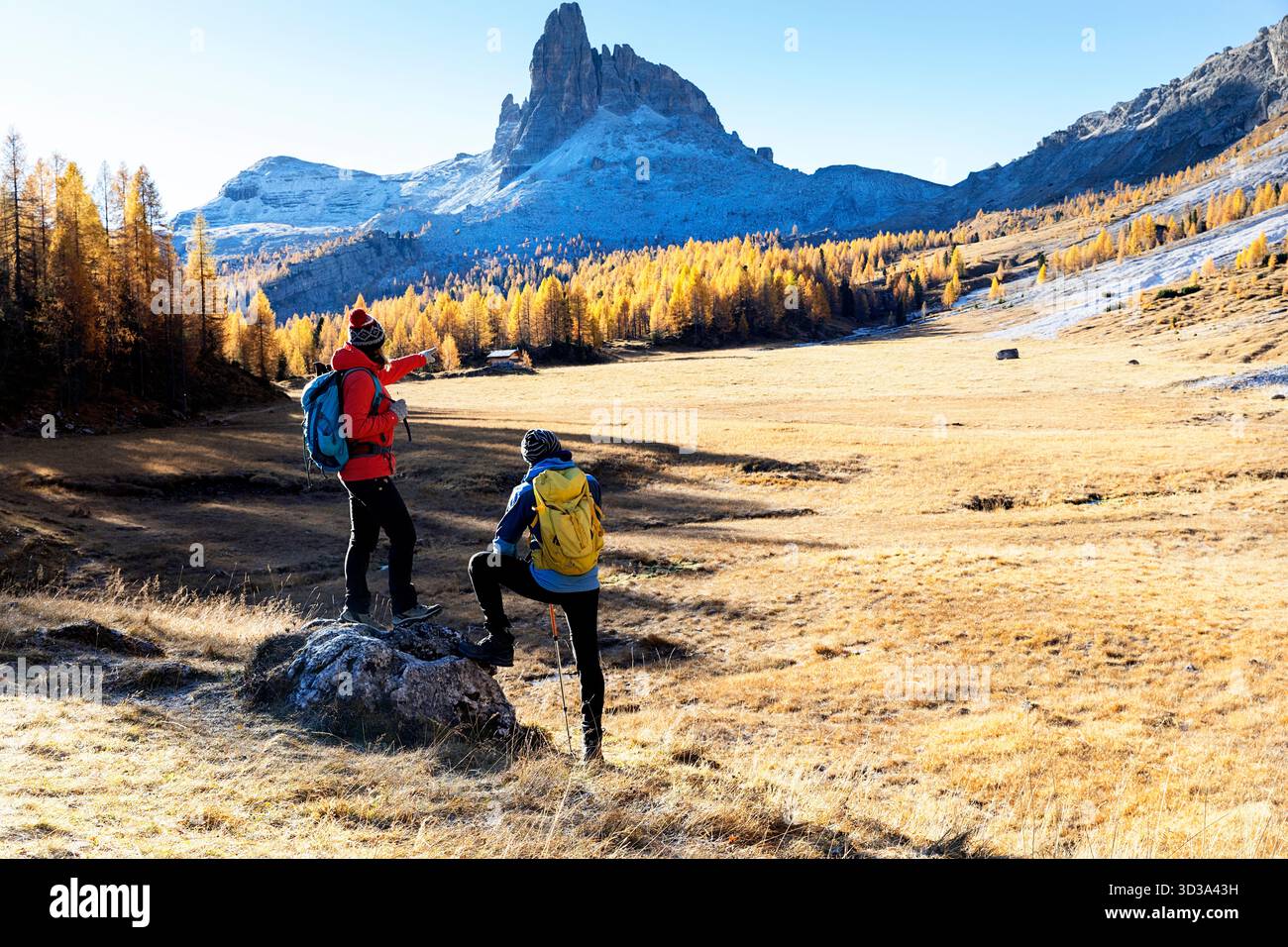 Turisti che amano le escursioni vicino al lago Croda da lago, Cortina d'Ampezzo, le dolomiti in italia, le vacanze per famiglie, il fogliame autunnale, i larici Foto Stock
