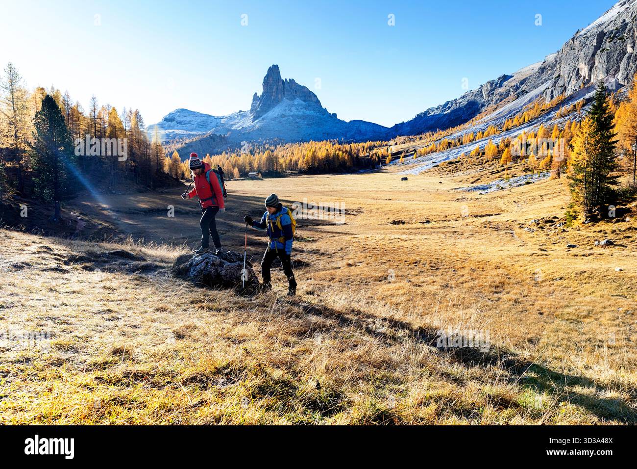 Turisti che amano le escursioni vicino al lago Croda da lago, Cortina d'Ampezzo, le dolomiti in italia, le vacanze per famiglie, il fogliame autunnale, i larici Foto Stock
