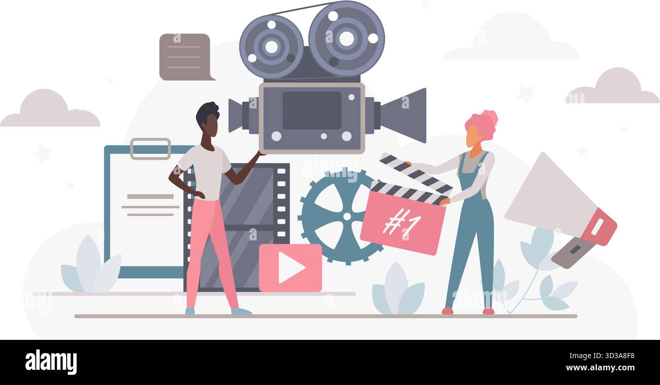 Processo creativo di produzione cinematografica con icone di fotocamera, clapperboard, film reel e media digitali che rappresentano la produzione di film online e servizi di streaming, illustrazione vettoriale della tecnologia cloud Illustrazione Vettoriale