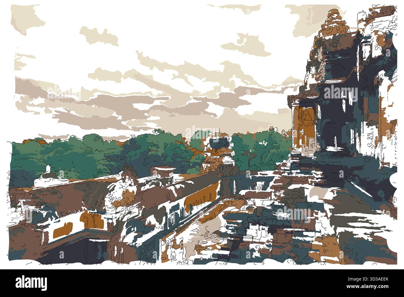 Pittura impressionista in stile schizzo, scena esterna dietro Angkor Wat, Cambogia, immagine vettoriale di illustrazione digitale Illustrazione Vettoriale