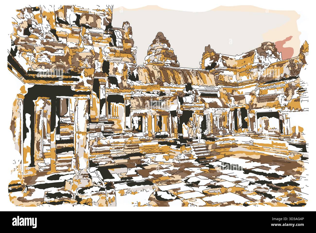 Pittura impressionista in stile schizzo, la sala interna di Angkor Wat Cambogia, immagine vettoriale di illustrazione digitale Illustrazione Vettoriale