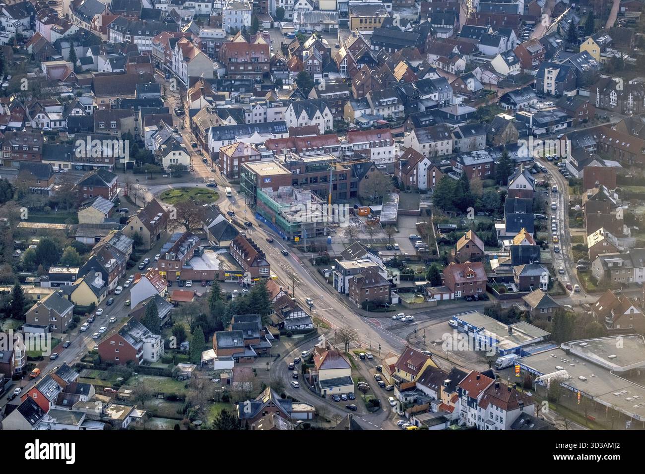 Vista aerea, centro città, Volksbank Haltern, ad esempio - sede centrale, Raiffeisenplatz, cantiere edile, Muensterstrasse, Haltern am SEE, Renania settentrionale-Westph Foto Stock