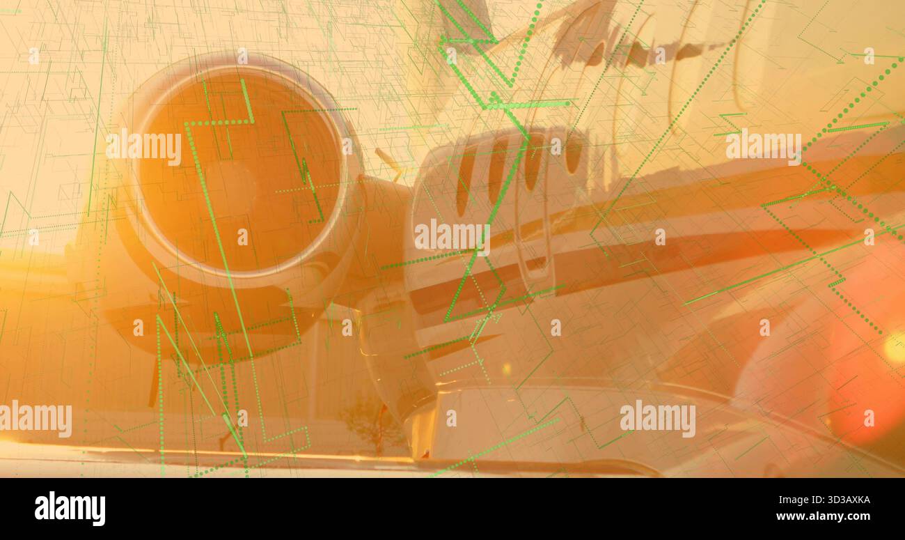 Visualizzazione della presa d'aria del motore e della navicella del motore a getto con l'ala illuminante in pista, con sovrapposizione digitale Foto Stock