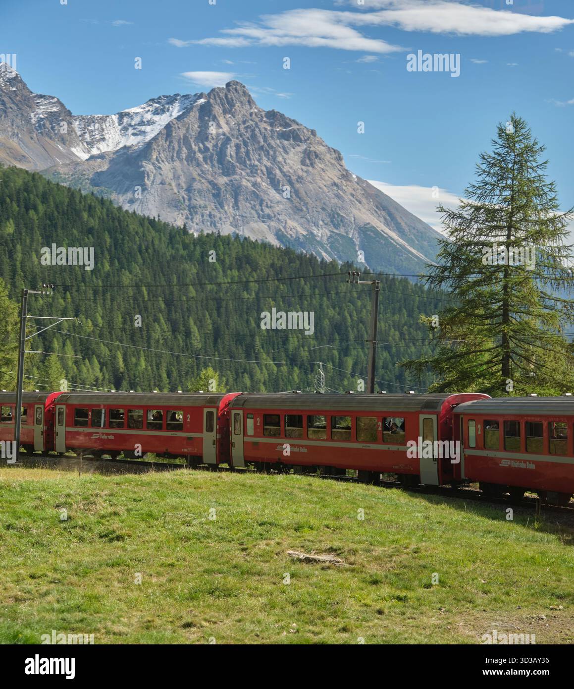 Curva rotonda del treno rosso sulla linea Bernina Foto Stock