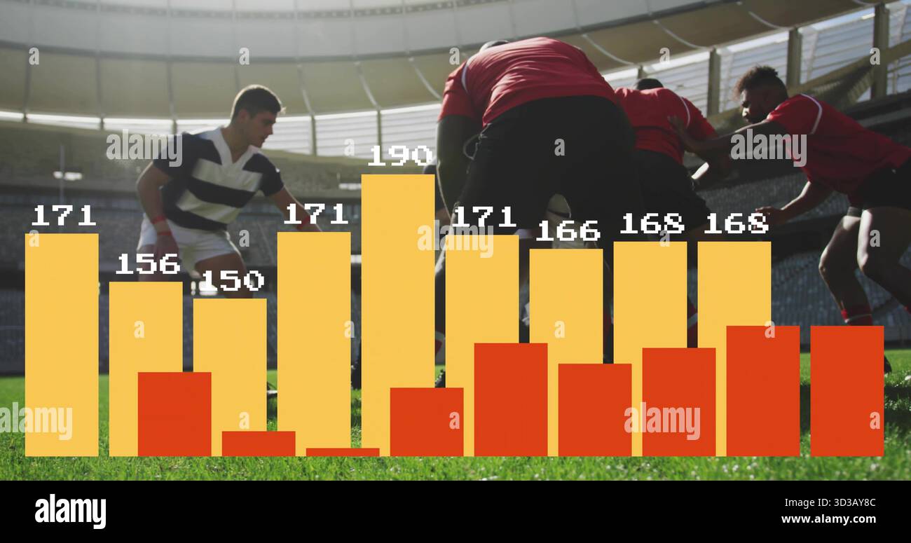 Raduna giocatori di rugby che formano scrum sull'erba nello stadio, con barre gialle e rosse che mostrano i numeri Foto Stock