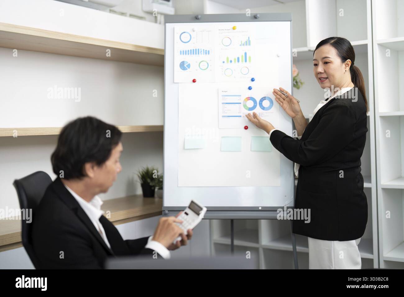 Un consulente aziendale spiega i principali indicatori di performance a un cliente maschio durante una sessione di strategia Foto Stock
