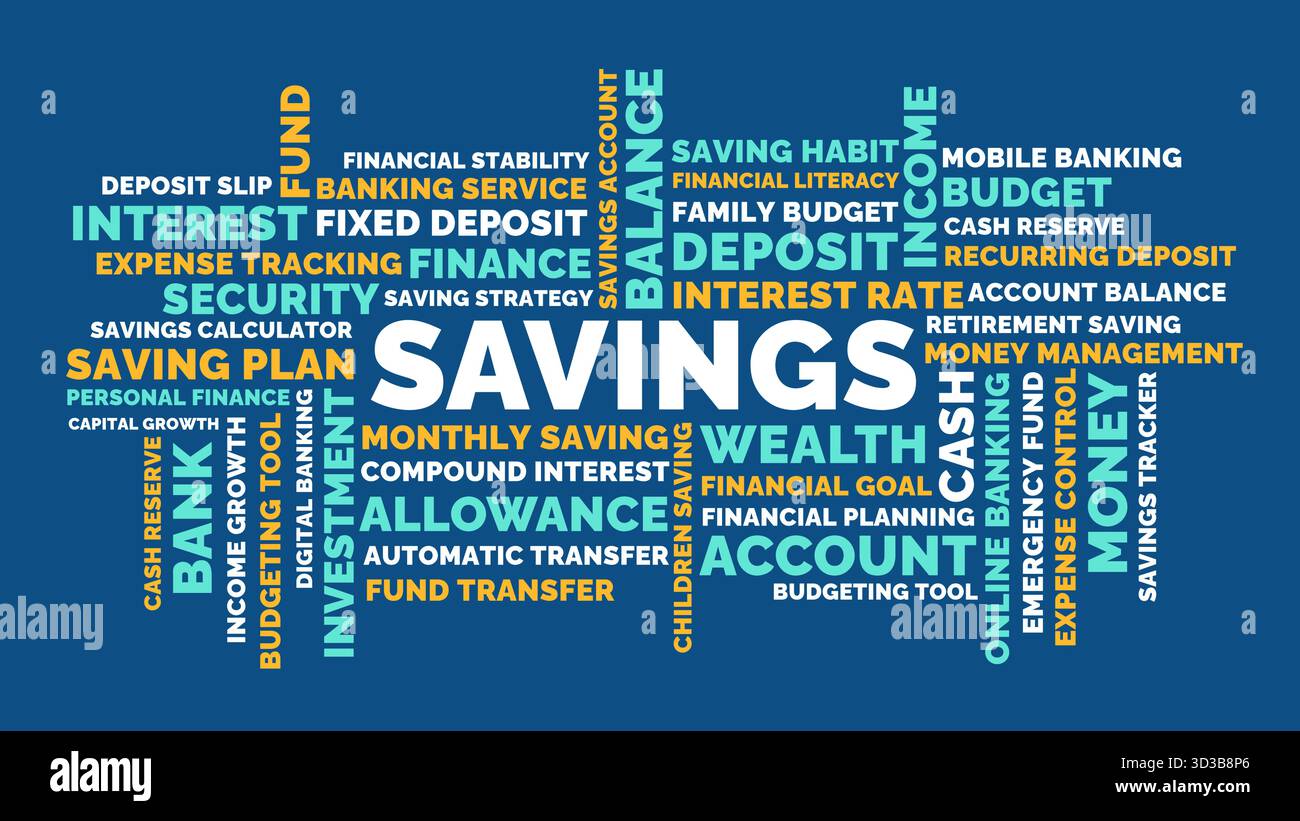 Concetto di cloud Word in background blu di risparmio finanziario investimenti bancari Illustrazione Vettoriale