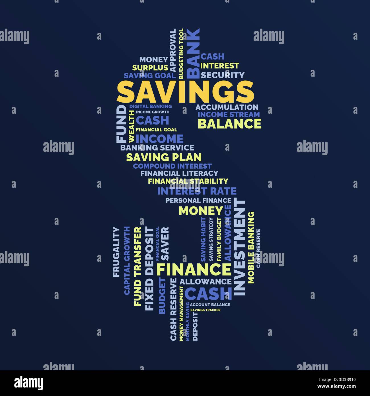 Concetto di forma del simbolo del dollaro di Word Cloud per la finanza del risparmio investimenti bancari Illustrazione Vettoriale