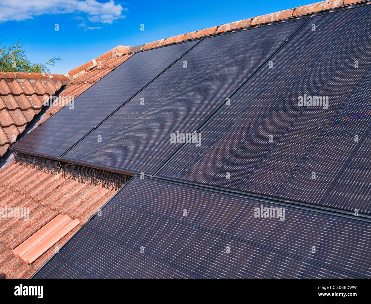 Regno Unito - agosto 29 2025: Pannelli fotovoltaici installati sul tetto di una casa piastrellata sotto un cielo blu brillante nel Regno Unito, che illustrano l'energia pulita residenziale e l'efficienza domestica moderna. Foto Stock