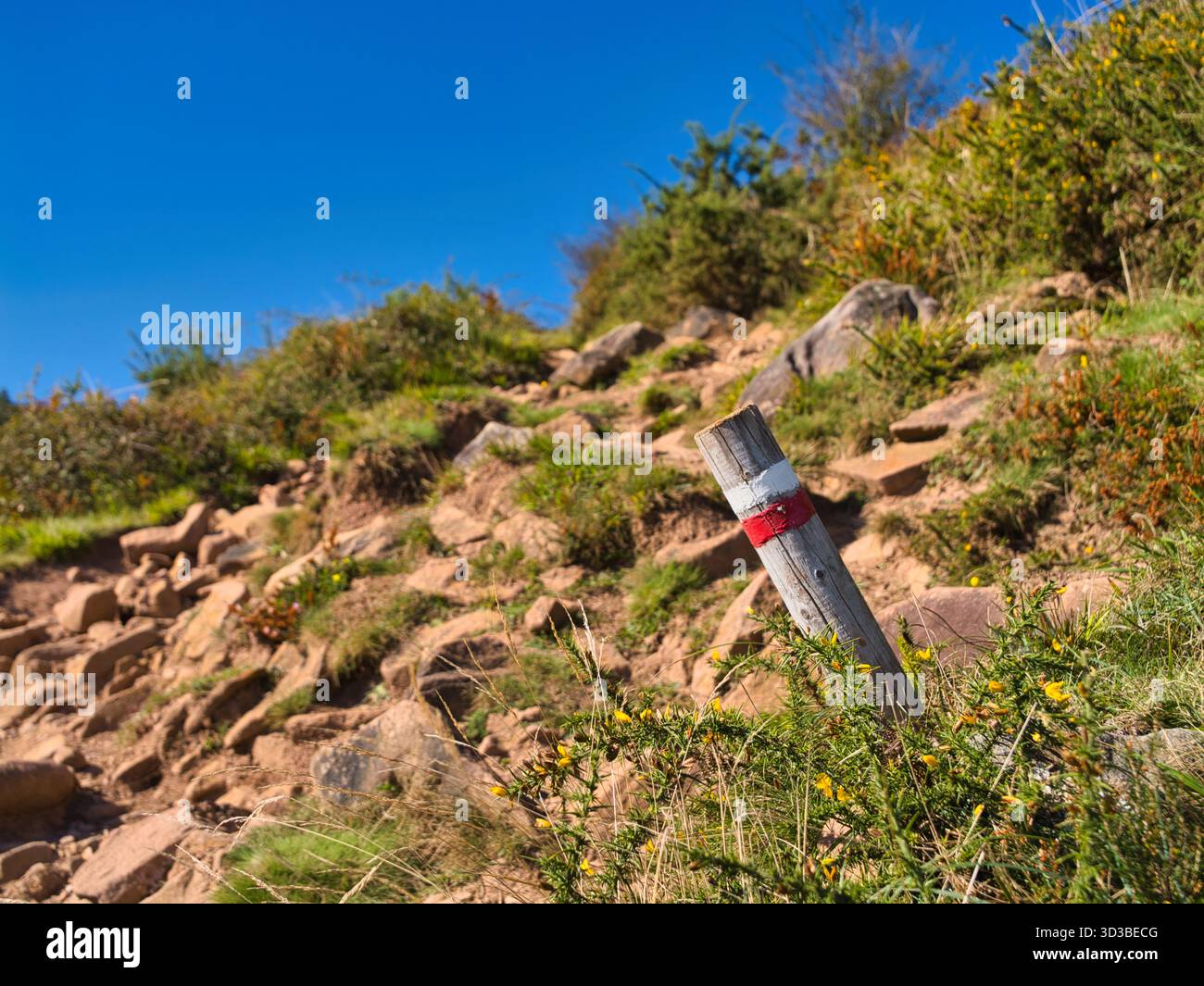 Paesi Baschi, Francia - 11 ottobre 2025: Contrassegno GR10 rosso e bianco su una collina rocciosa sotto un cielo blu profondo nei Paesi Baschi francesi, Pirenei. Aspra zona escursionistica invitante all'esplorazione. Foto Stock