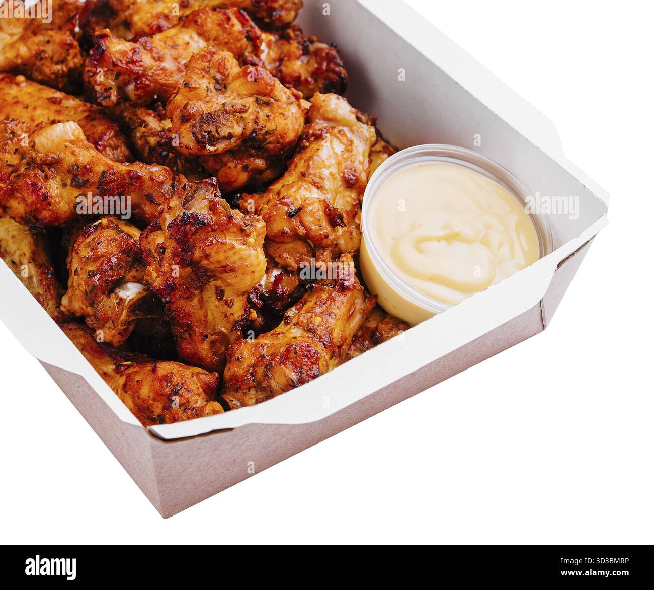 Cibo, ali e gambe di pollo fritte in una scatola di carta Foto Stock