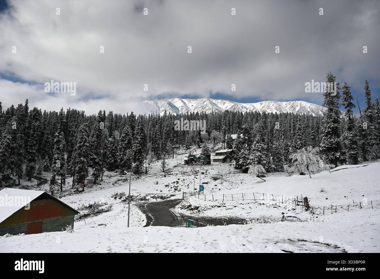 BARAMULLA, INDIA - 5 NOVEMBRE: Una vista della stazione sciistica innevata di Gulmarg durante la prima nevicata stagionale nella valle del Kashmir il 5 novembre 2025 a Baramulla, India. Le nevicate hanno innevato numerose località ad alta quota in tutto il Kashmir, tra cui Gulmarg, Sonamarg, Baltal, passo Zojila, Razdan Top, Gurez Valley, Sinthan Top, Peer Ki Gali e Tulail. I turisti che si recavano a Gulmarg erano entusiasti e si sono ritenuti fortunati ad aver vissuto una nevicata fresca che prometteva ricordi indimenticabili dall'iconica località sciistica. Foto di Waseem Andrabi/Hindustan Times Kashmir Valley Experie Foto Stock