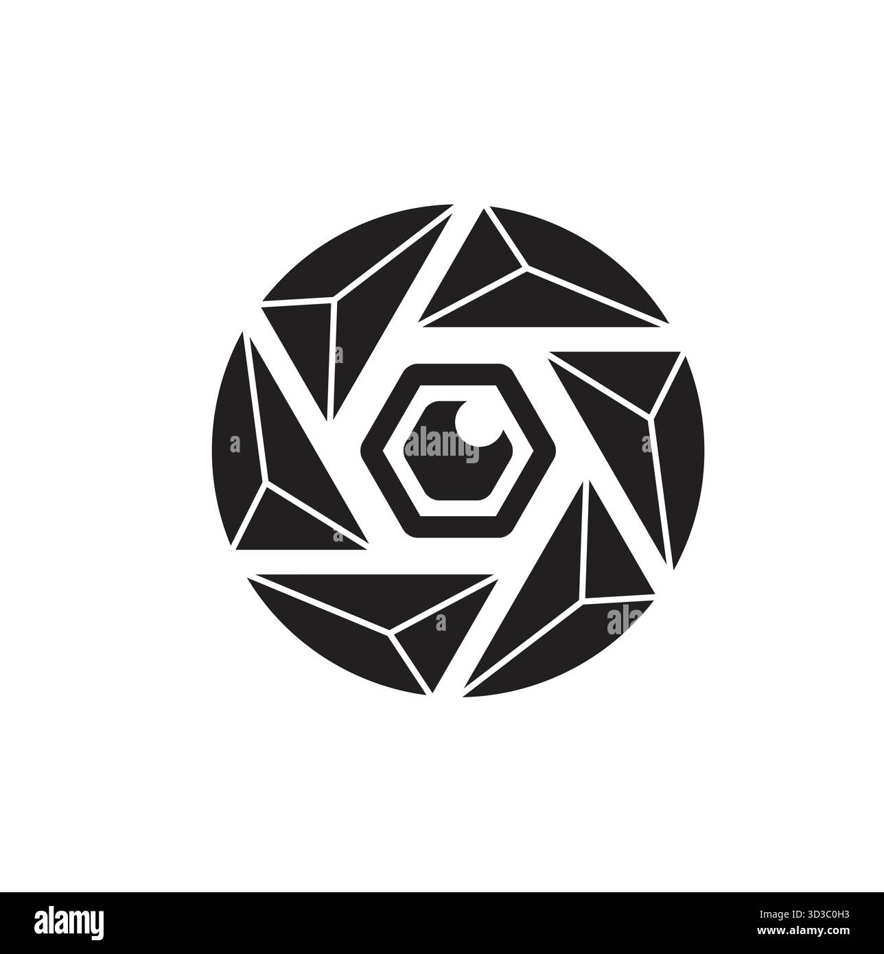 Immagine del design del simbolo vettoriale con forma esagonale del logo dell'otturatore nero astratto Illustrazione Vettoriale