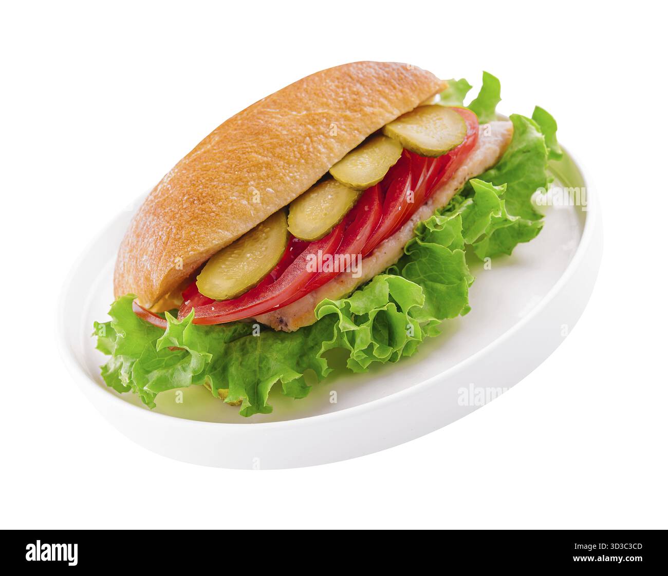 Cibo, sandwich con cotoletta, pomodori e cetrioli sottaceto Foto Stock