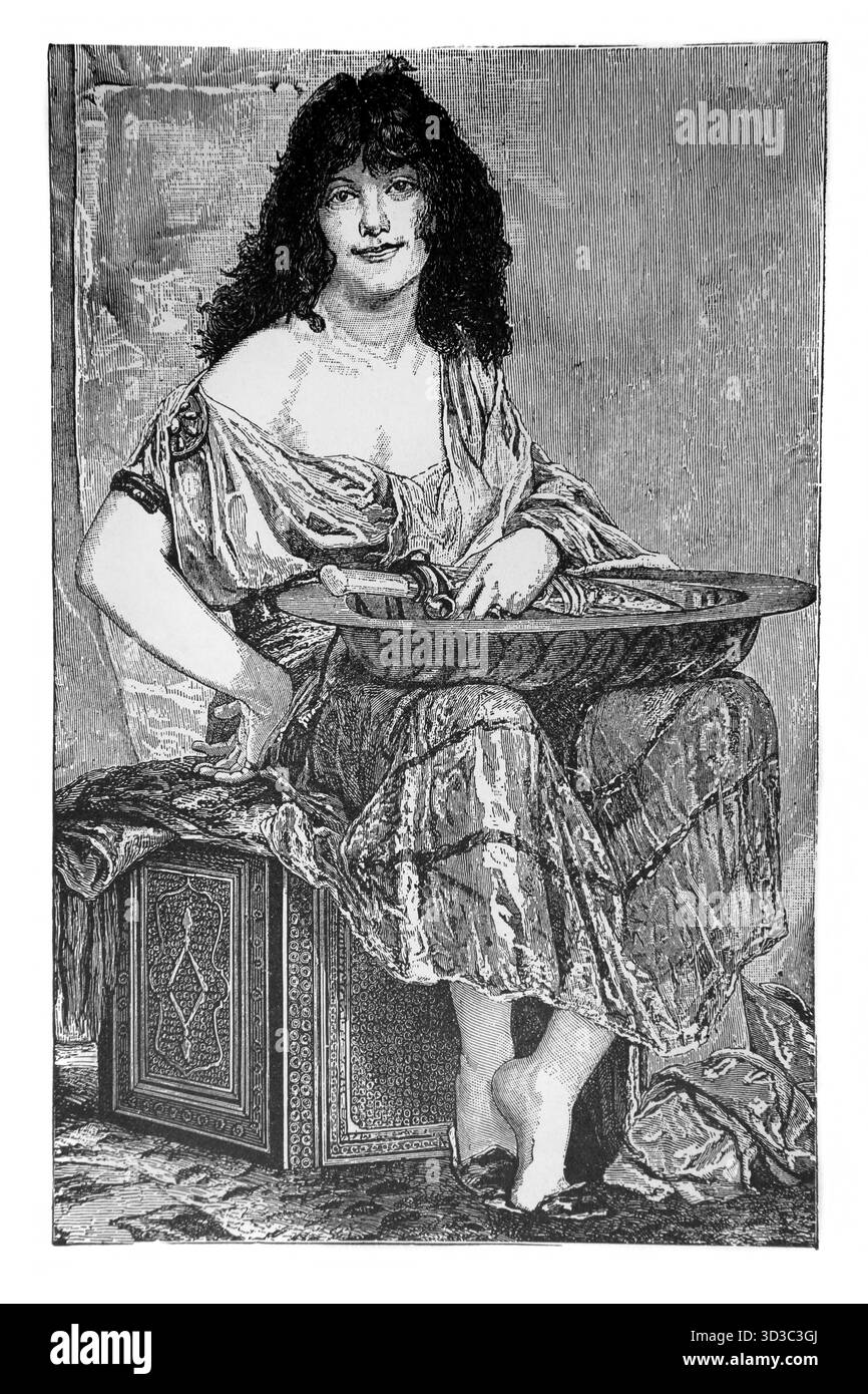 Illustrazione di Salome che tiene il piatto che Giovanni la testa Battista è stata posta come sua ricompensa per aver ballato per re Erode Antipa da Pittura di Hen Foto Stock