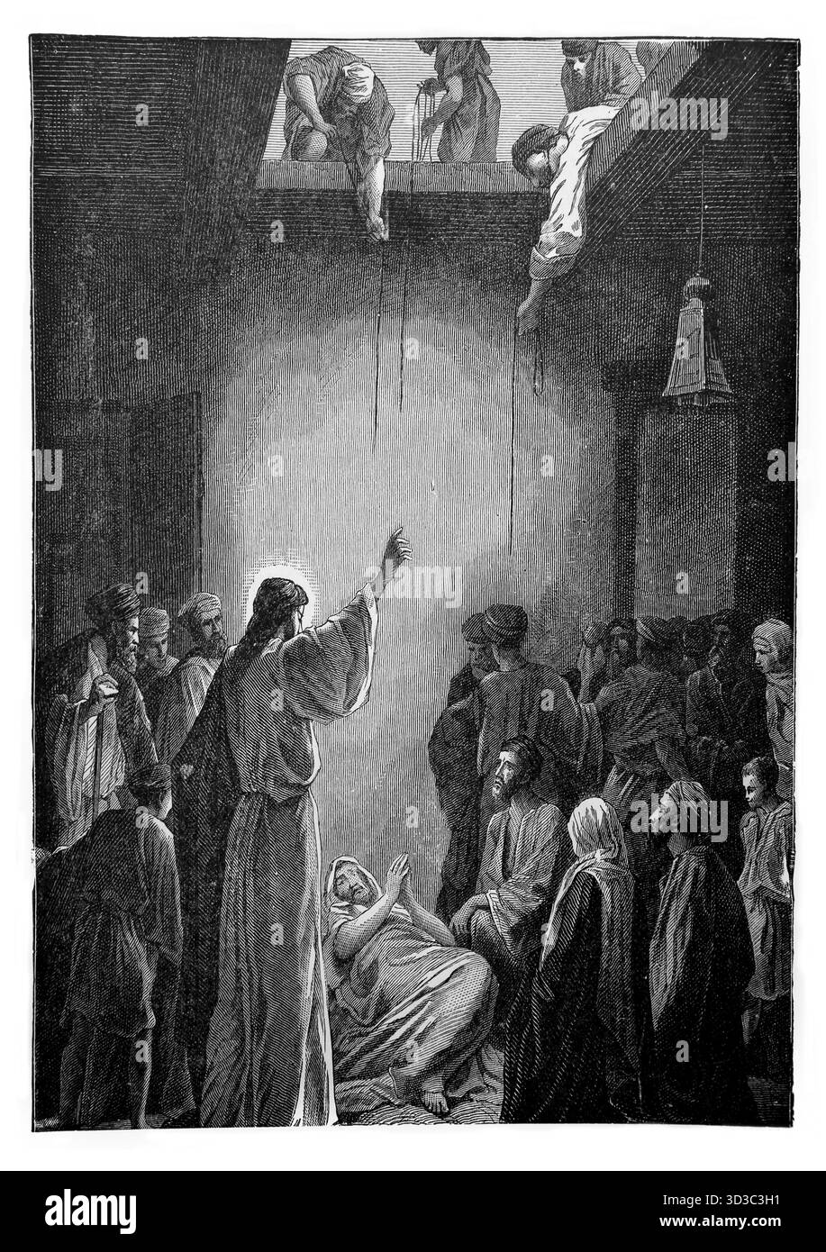 Illustrazione degli uomini di Cafarnao che scavarono un buco nel tetto della casa in cui Gesù Cristo era dentro per abbassare l'uomo paralizzato in modo che Gesù potesse Foto Stock