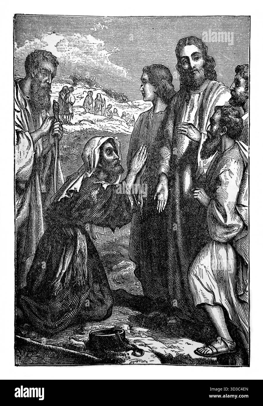 Illustrazione del lebbroso che è tornato a Gesù Cristo per ringraziarlo dopo essere stato guarito quando Gesù ha detto a dieci lebbrosi di mostrarsi al sacerdote Foto Stock