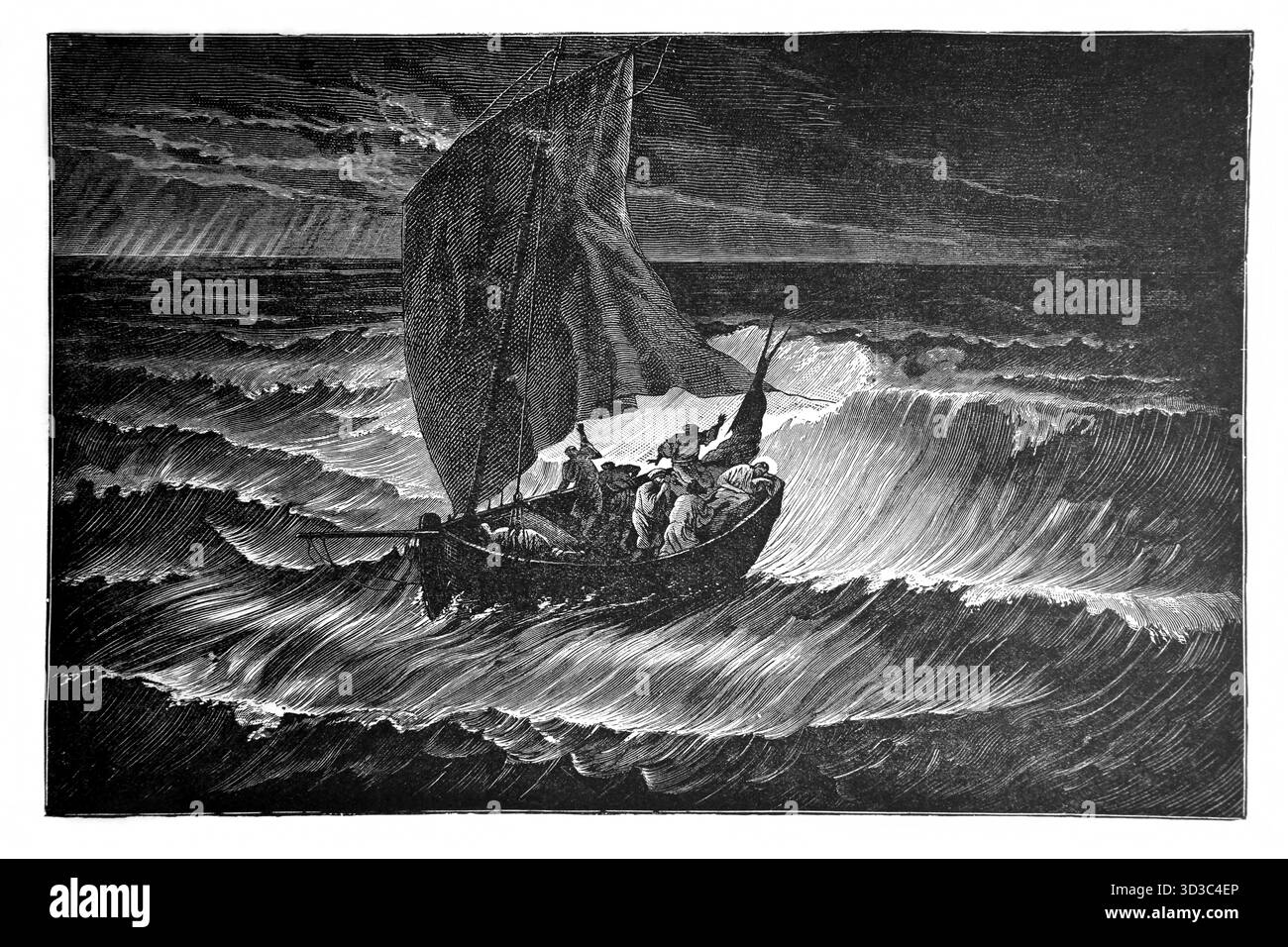 Illustrazione di Gesù Cristo che dorme sulla barca con i suoi discepoli prima di Stilling the Tempest (Vangelo) dall'edizione 1890 di The Beautiful Story Foto Stock