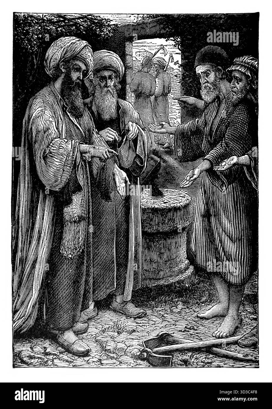 Illustrazione della parabola dei talenti - Un Maestro che se ne va accusò tre dei suoi servi di quello che avrebbero dovuto fare fino a quando non ritornò, un solo servitore Foto Stock