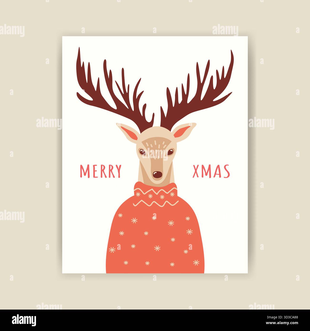 Ritratto natalizio di una renna disegnato a mano in un maglione rosso lavorato a maglia. Stampa natalizia con un simpatico animale per l'arredamento di Capodanno. Cartolina pronta per l'uso in uno stile minimalista. Illustrazione Vettoriale