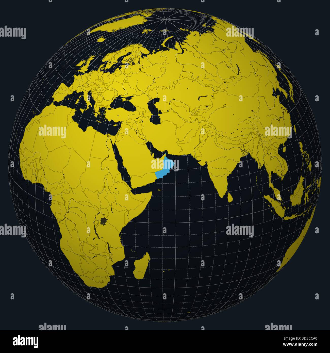 Oman su Globe. Vista paese sulla mappa del mondo nella tavolozza dei colori giallo brillante Charcoal. Forma dell'Oman sulla mappa. Illustrazione Vettoriale