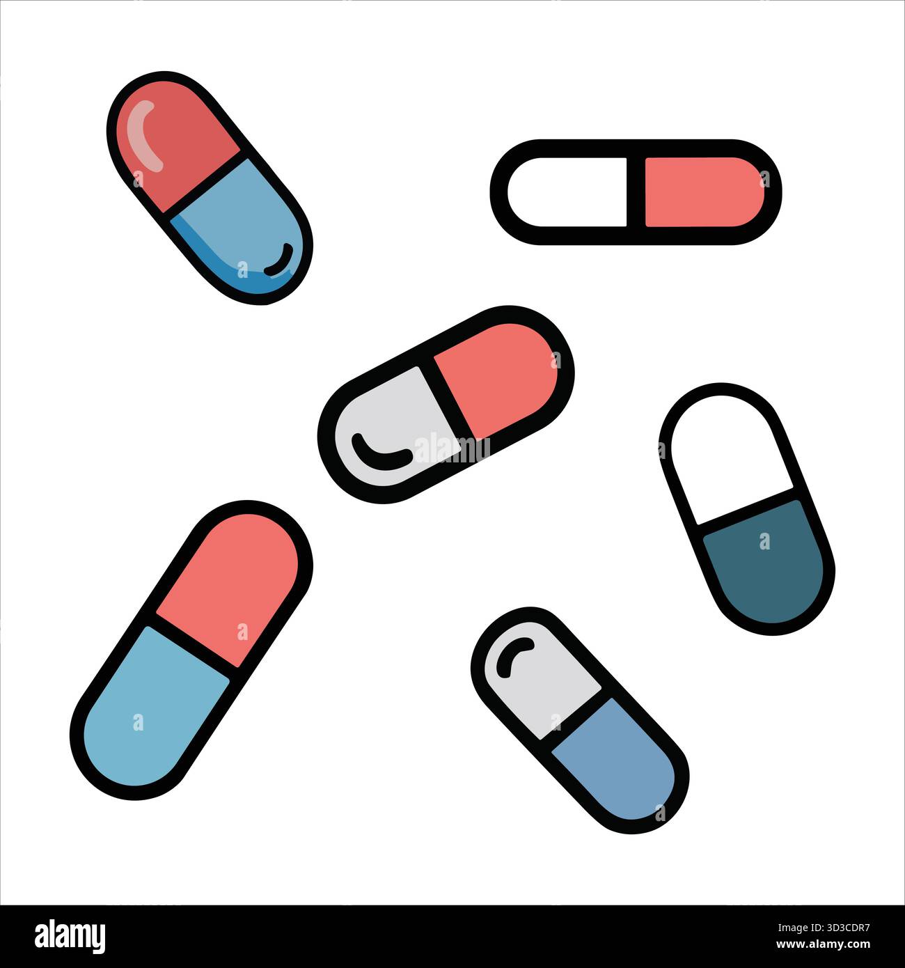 Sei capsule in rosso e blu che mostrano il concetto di farmacia e trattamento medico Illustrazione Vettoriale