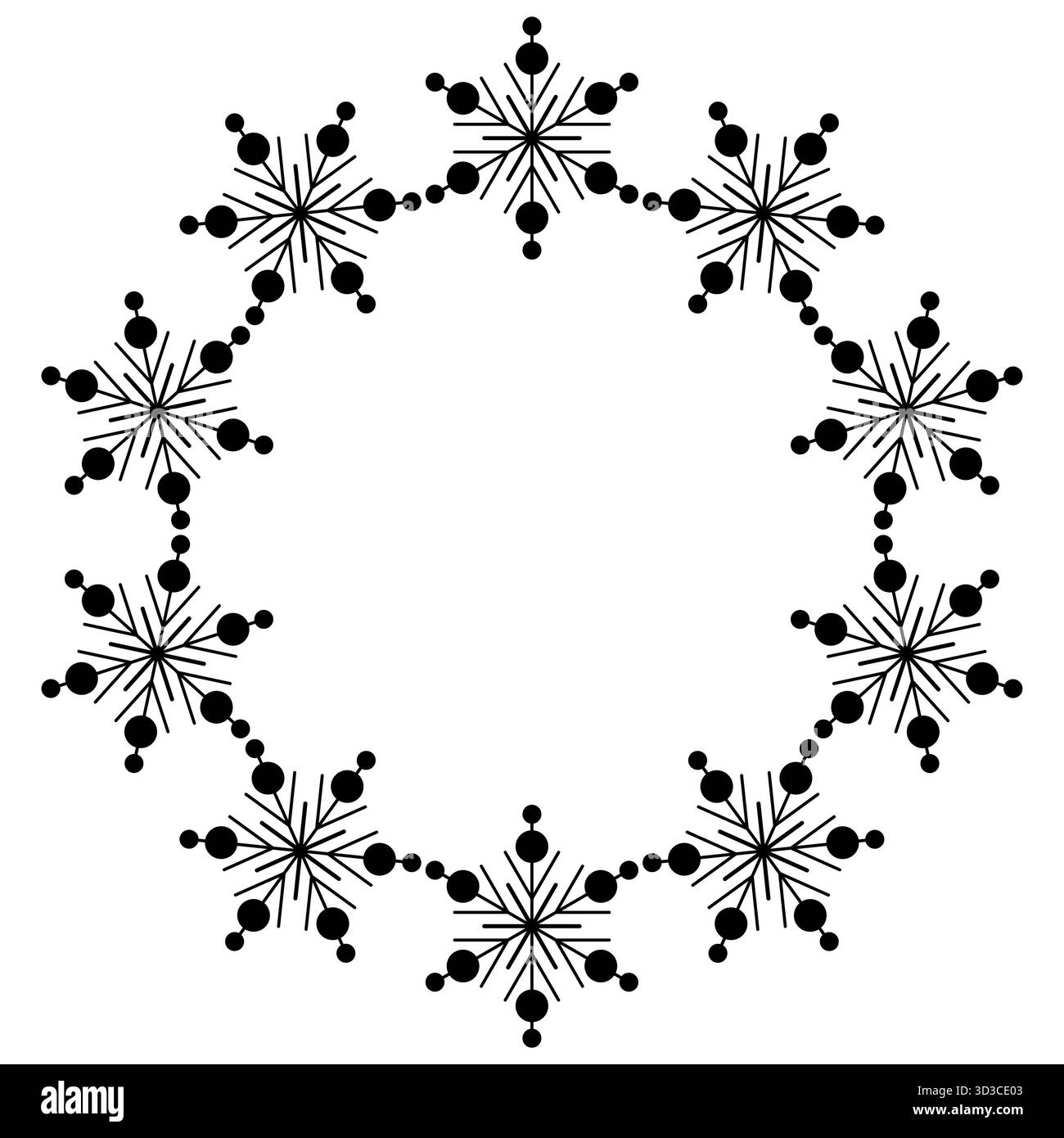 Cornice invernale di fiocchi di neve con spazio per il testo. Molti fiocchi di neve su sfondo bianco. Elemento decorativo monocromatico. Vettoriale ornamento Mandala Ill Illustrazione Vettoriale