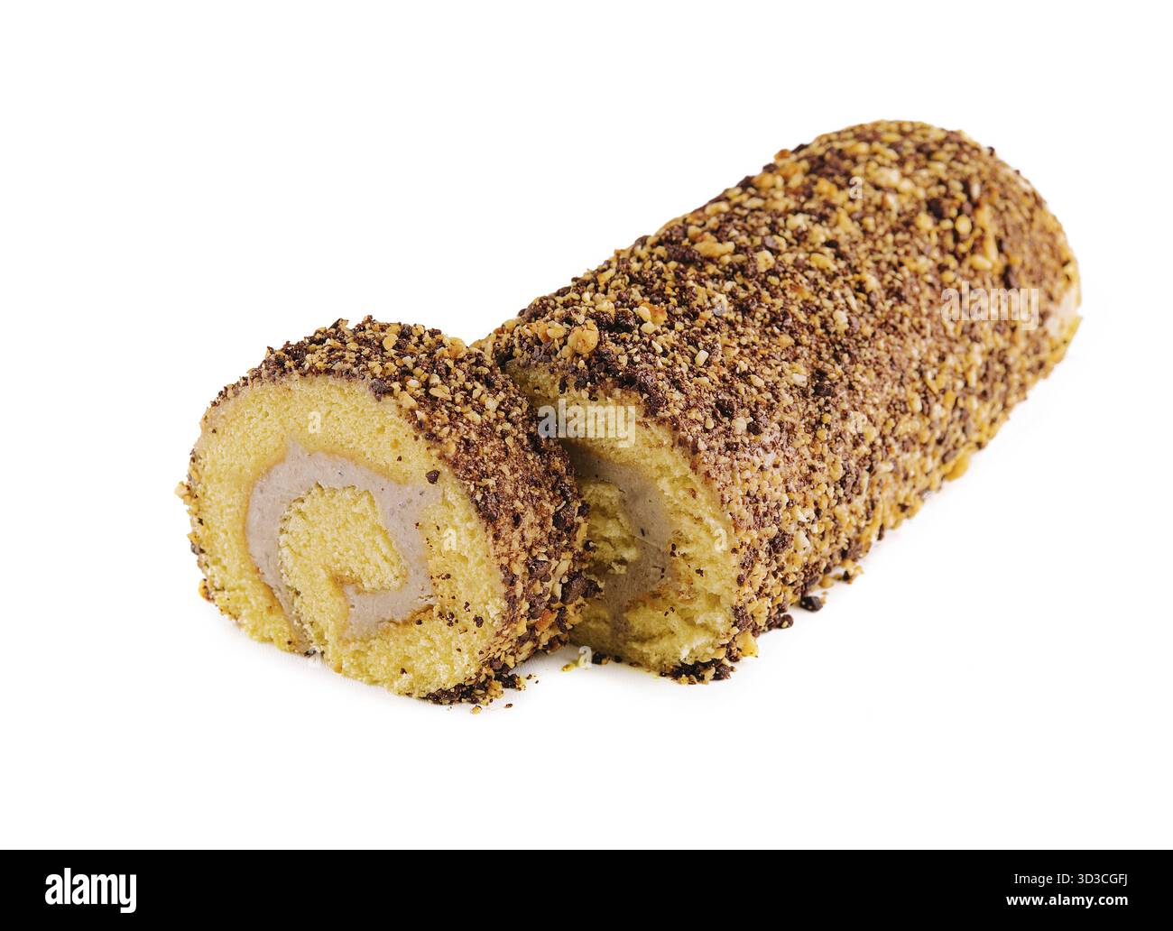 Cibo, rotolo di torta sponge isolato su sfondo bianco Foto Stock