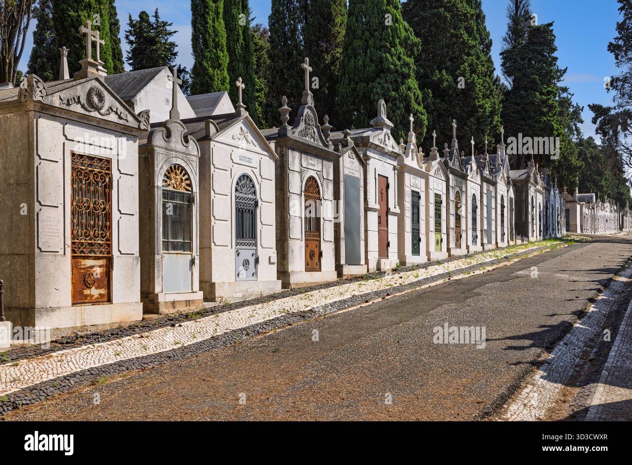Un'ampia linea di imponenti mausolei neoclassici si estende lungo una strada asfaltata nel vasto e storico cimitero Prazeres di Lisbona. Foto Stock