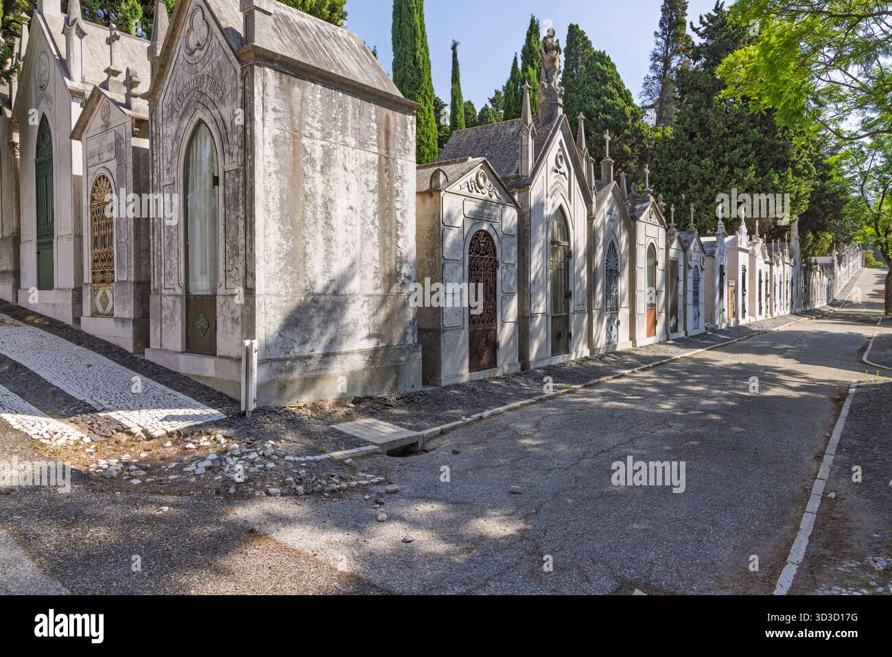 Una lunga vista prospettica lungo un viale di elaborati mausolei del XIX secolo e cipressi nello storico Cimitero Prazeres, Lisbona. Lisbona, Portu Foto Stock