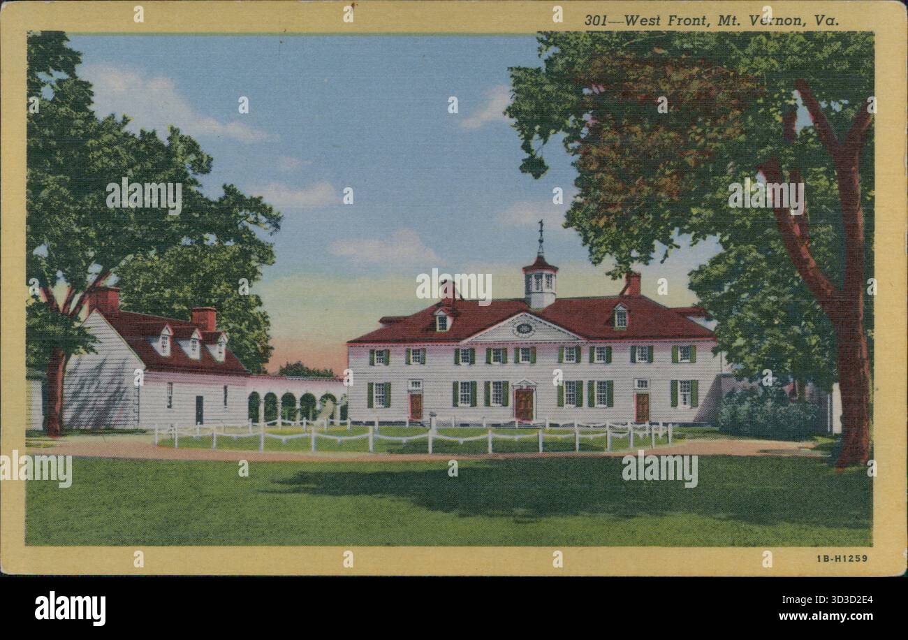 Cartolina del fronte occidentale di Mount Vernon, la storica tenuta che si affaccia sul fiume Potomac, Virginia, Stati Uniti, 1940. Foto Stock