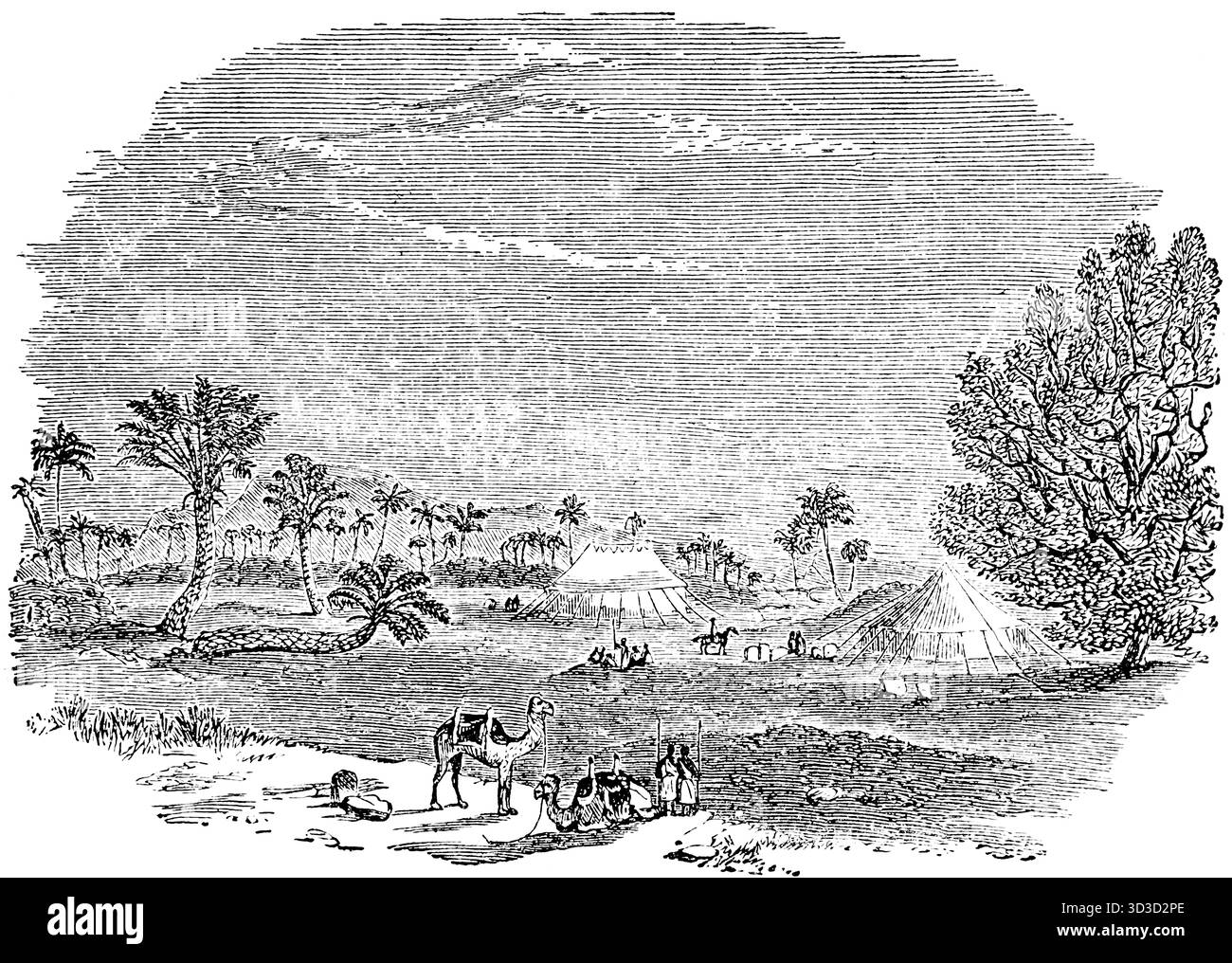 Campo dell'esploratore Germnan Heinrich Barth in un villaggio libico nel deserto del Sahara meridionale, Libia, Nord Africa, illustrazione storica 1900 Foto Stock