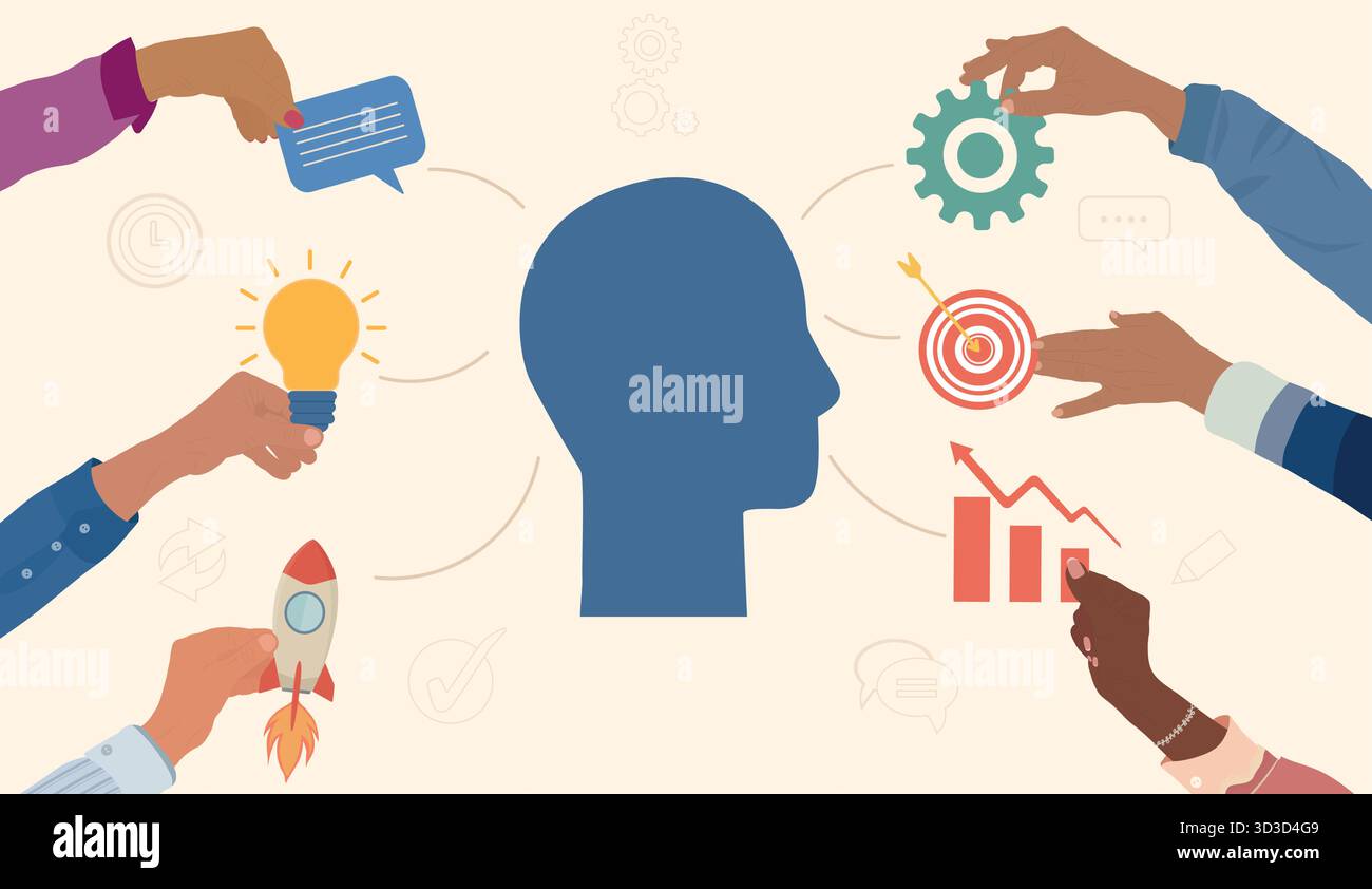 Concetto di mappa mentale del lavoro di squadra creativo per una strategia aziendale innovativa e la risoluzione dei problemi Illustrazione Vettoriale