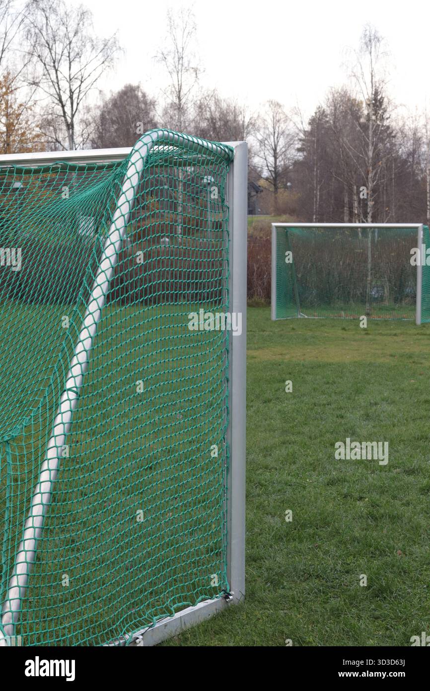 Obiettivo di calcio vuoto sul green Field: Concetto minimalista di sport all'aperto e stile di vita sano Foto Stock