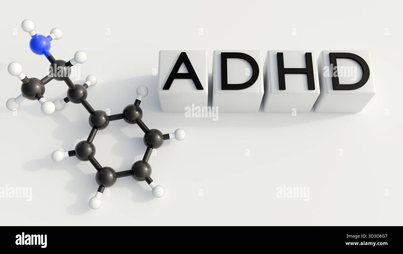 Destroanfetamina è uno stimolante del sistema nervoso centrale (SNC) utilizzato principalmente per gestire i sintomi di ADHD e narcolessia; rendering 3d. Foto Stock