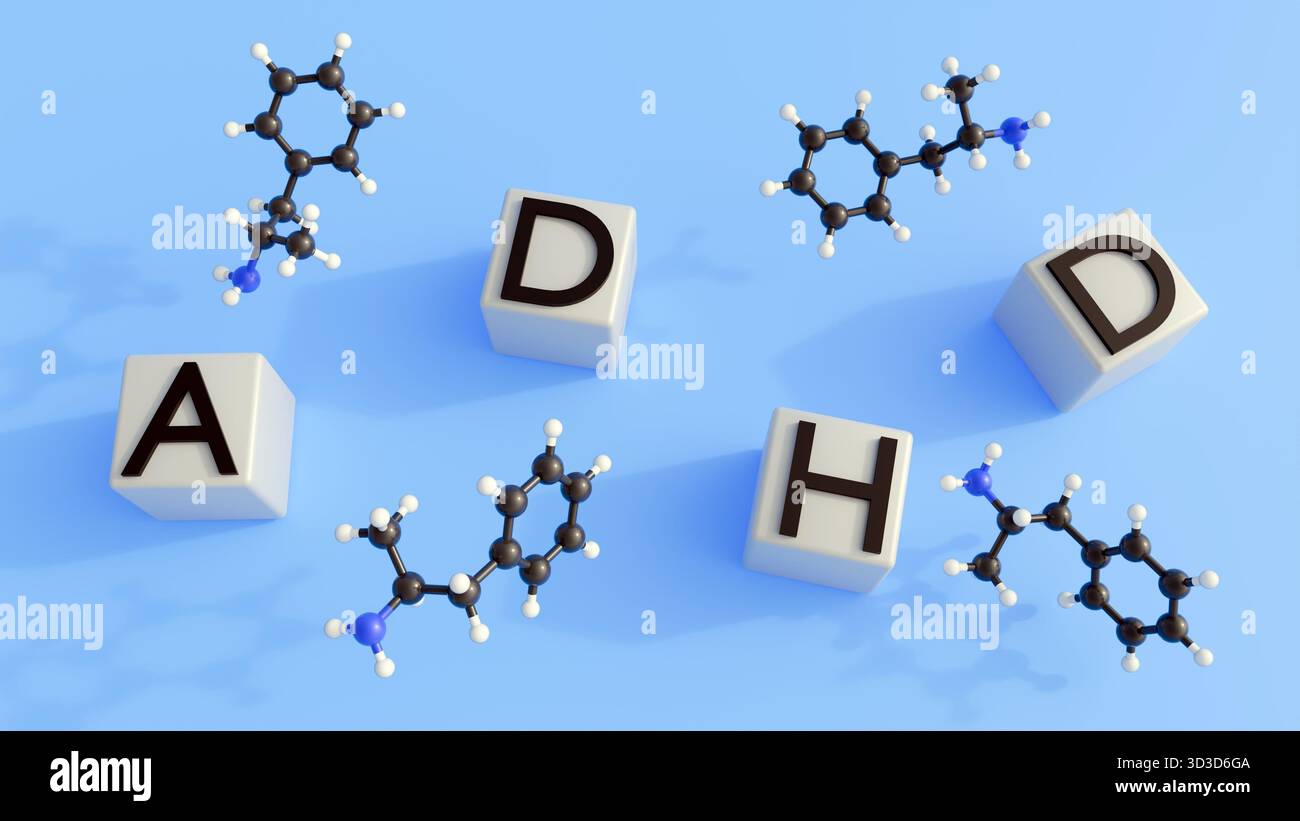 Destroanfetamina è uno stimolante del sistema nervoso centrale (SNC) utilizzato principalmente per gestire i sintomi di ADHD e narcolessia; rendering 3d. Foto Stock