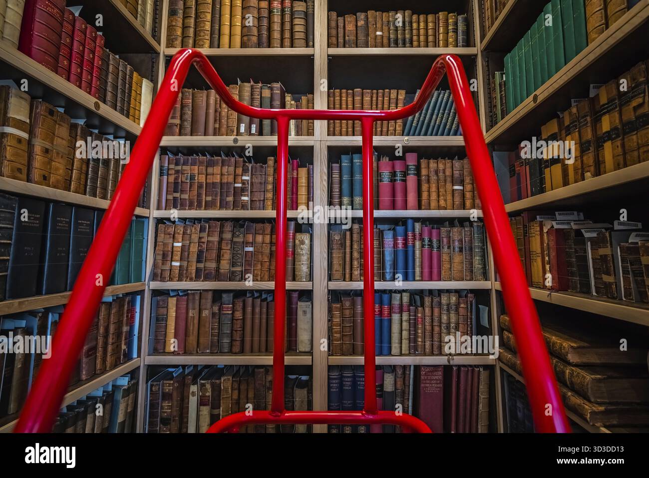 Rochester, Inghilterra - Luglio 2018 : Rosso scala fornendo accesso ai ripiani superiore con antichi duro e rilegato in brossura libri in una libreria Foto Stock
