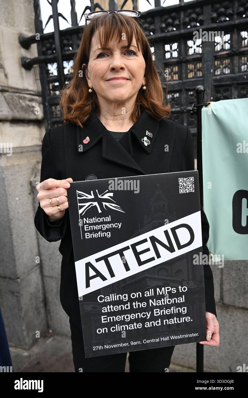 LONDRA, REGNO UNITO. 5 novembre 2025. Gli attivisti per il clima invitano tutti i parlamentari a partecipare al briefing di emergenza nazionale sul clima e la natura. La crisi climatica e naturalistica è un'emergenza su più fronti che avrà un impatto su tutti gli aspetti della vita britannica, dalla sicurezza nazionale all'approvvigionamento alimentare al di fuori del Parlamento a Londra, nel Regno Unito. (Foto di 李世惠/SEE li/Picture Capital) credito: Vedi li/Picture Capital/Alamy Live News Foto Stock